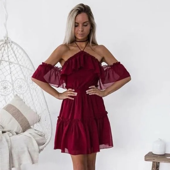 Two Sisters The Label Halter Burgundy Chiffon Off the Shoulder Dress - Size 6 - Picture 2 of 10